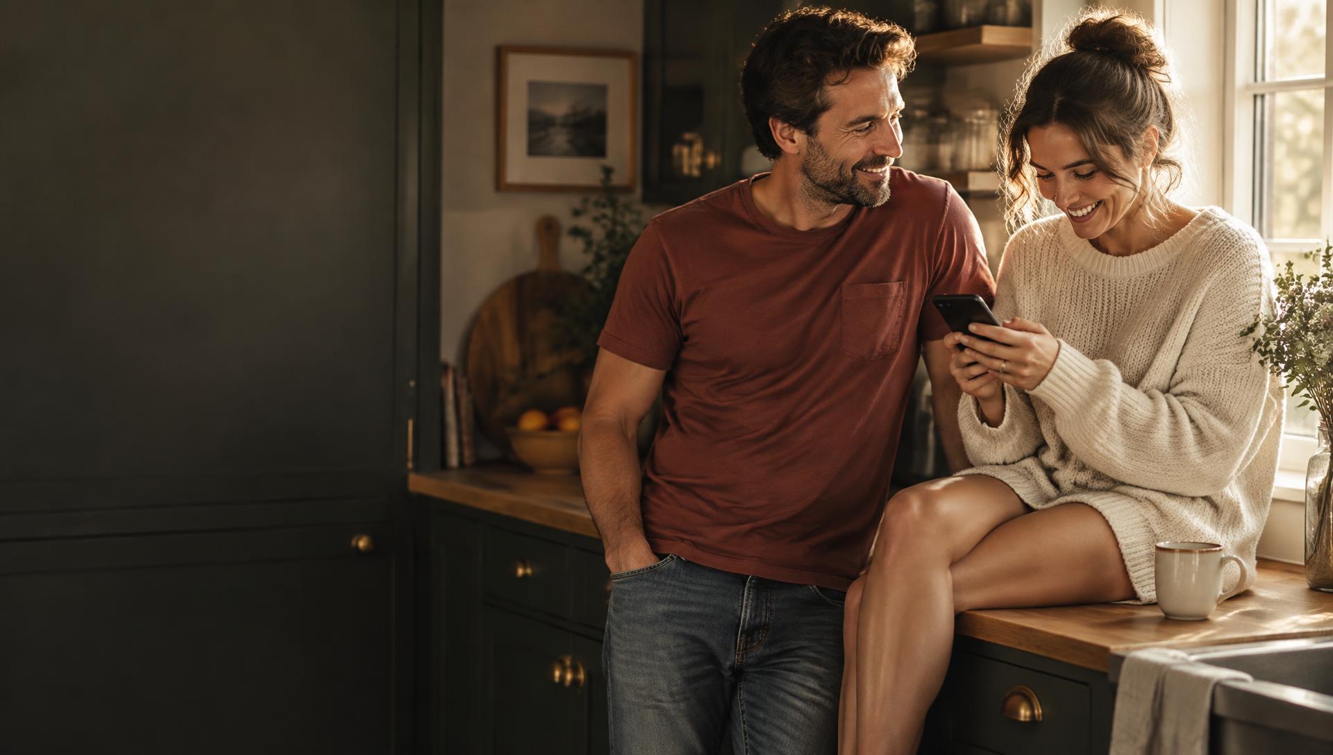 A couple in their kitchen on a Friday morning, laughing at a text
