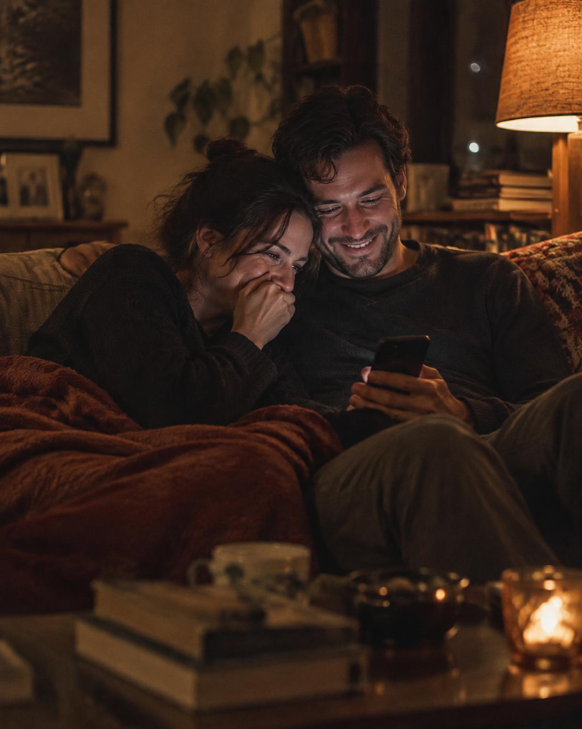 A couple on the sofa at night, reading their answers together